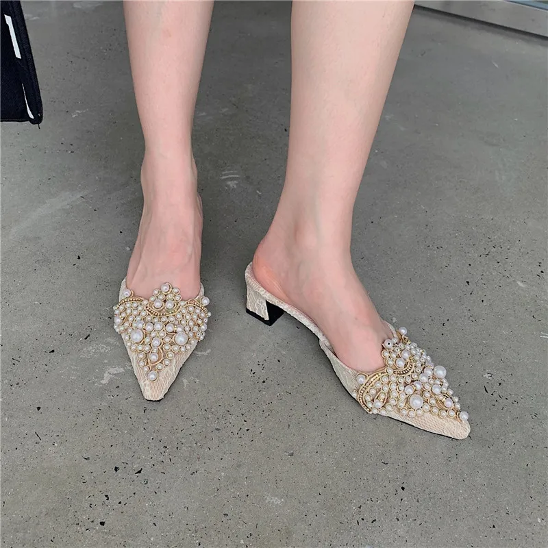 Women's Thin Heels Outside String Bead Basic Solid Flock Pointed Toe Slippers Shallow
Women's Thin Heels Outside String Bead Basic Solid Flock Pointed Toe Slippers Shallow