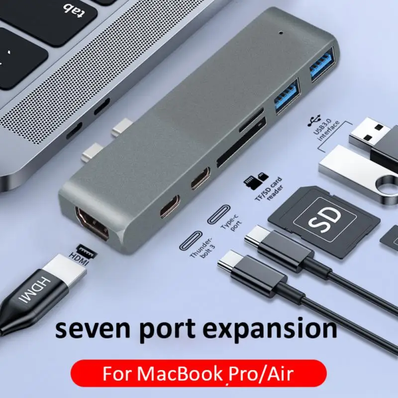 Type C Hub Adapter 7 In 1 Dual USB-C Dock For MacBook With 4K HDMI-compatible USB3.1 SD/MicroSD Card Reader
Type C Hub Adapter 7 In 1 Dual USB-C Dock For MacBook With 4K HDMI-compatible USB3.1 SD/MicroSD Card Reader
