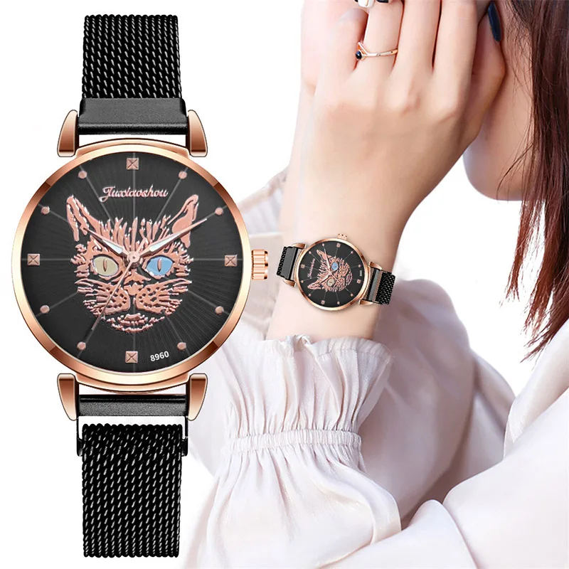 Women Cartoon Cat Wrist Watches New Creative Rose Gold Lady Watch For Woman Luxury Stainless Steel Magnetic Strap Quartz Clocks
Women Cartoon Cat Wrist Watches New Creative Rose Gold Lady Watch For Woman Luxury Stainless Steel Magnetic Strap Quartz Clocks