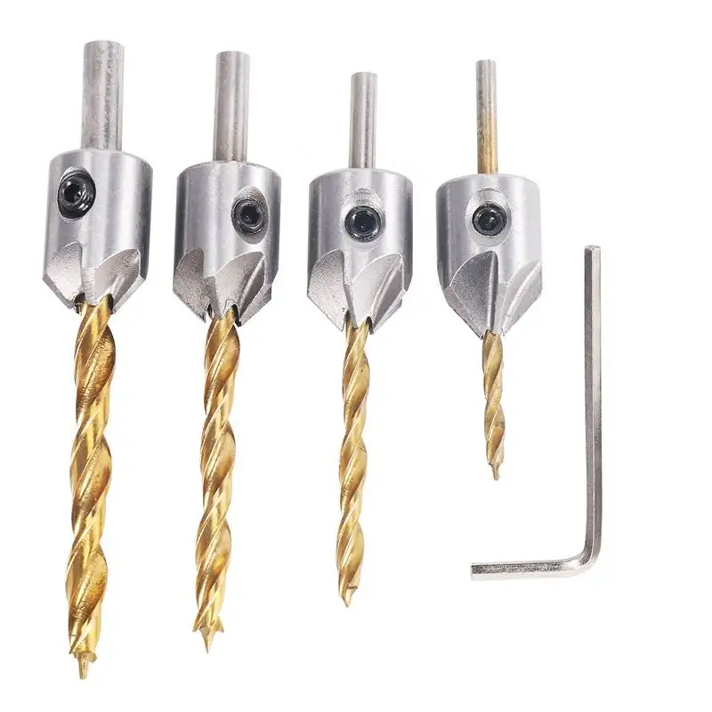 4 PCS Titanium Coated Countersink Drill Bit Set Woodworking Carpentry Reamer Tool Set With Hex Key Wrench 
4 PCS Titanium Coated Countersink Drill Bit Set Woodworking Carpentry Reamer Tool Set With Hex Key Wrench