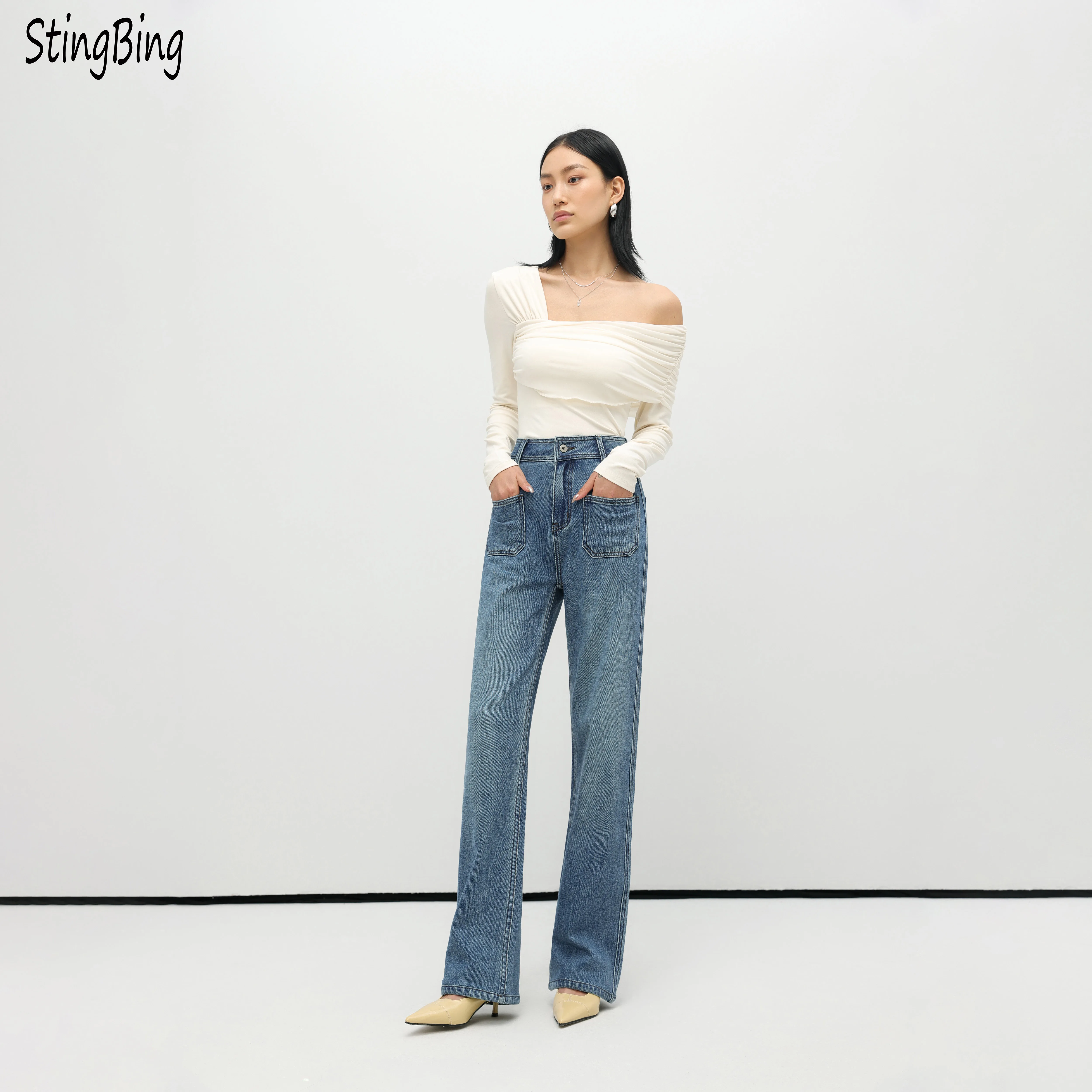 

Женские джинсы StingBing с уникальным карманом, женские свободные прямые штаны с высокой талией, хлопковые брюки хорошего качества, голубые брюки для уборки