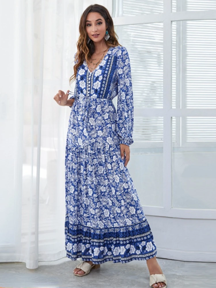 

Rayon 2022 New Women's Spring Bohemian Dress Casual V-Neck Long Sleeve Printed Hippie Fashion Dress Avant-garde Dress