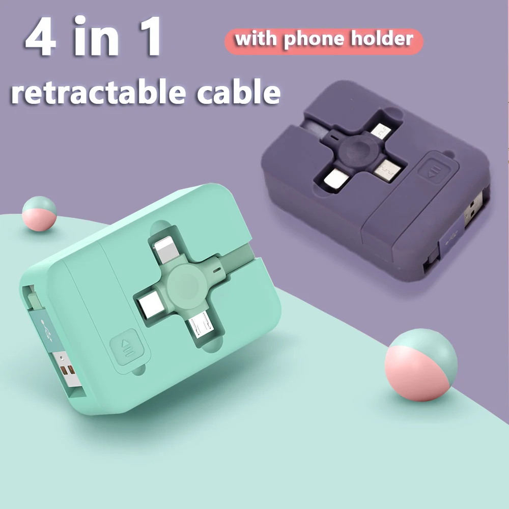 

4 в 1 Выдвижной USB Type C Micro USB кабель для iPhone 14 13 12 11 Pro с подставкой для телефона 3 в 1 2 в 1 зарядный кабель для передачи данных
