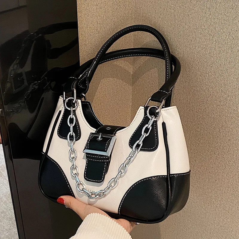 

Vintage Cool Girl Pu Leather Armpit Bag Y2K Metal Chain Punk Shoulder Crossbody Bag Women's Underarm Hobo Bag Female 2022