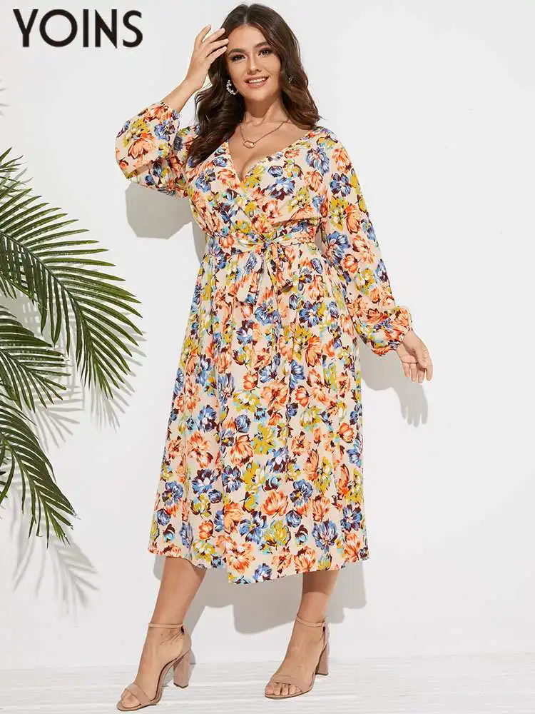 

YOINS Bohemian Long Dress 2022 Autumn Long Sleeve Belted Floral Printed Plus Size Vestidos Robe Casual V Neck Party Robe Femme