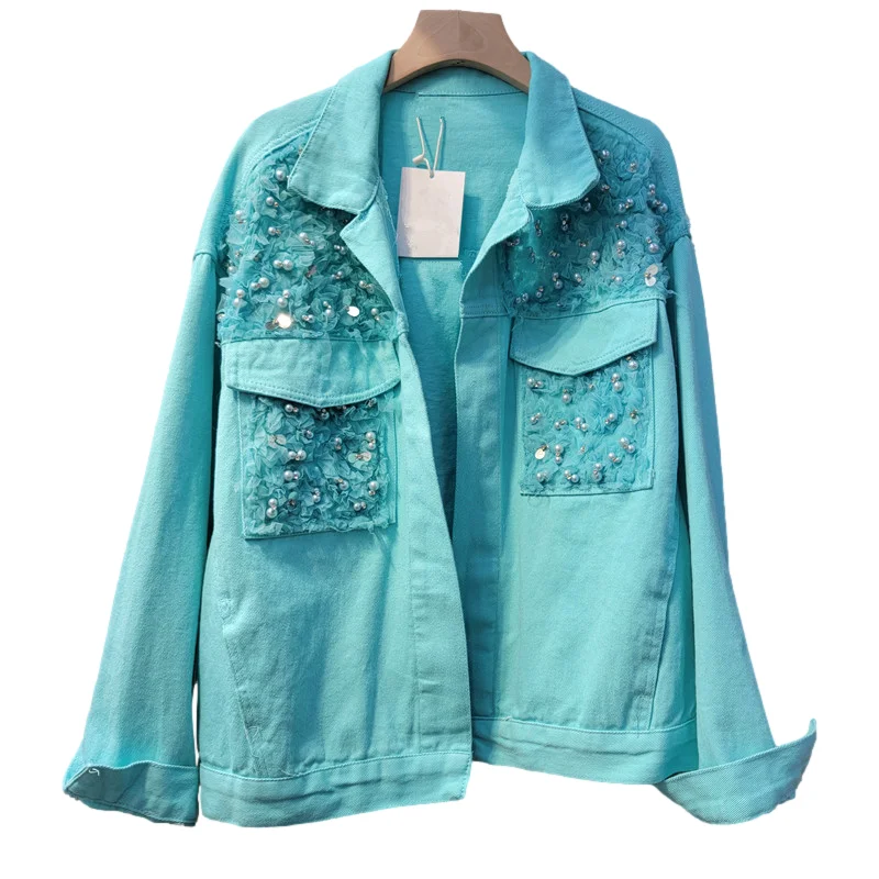 Spring Fashion Beading Mesh Splicing Pocket Denim Jacket Coat Women Loose Short Pink Blue Cowboy Outerwear Jeans Jackets Female
Spring Fashion Beading Mesh Splicing Pocket Denim Jacket Coat Women Loose Short Pink Blue Cowboy Outerwear Jeans Jackets Female