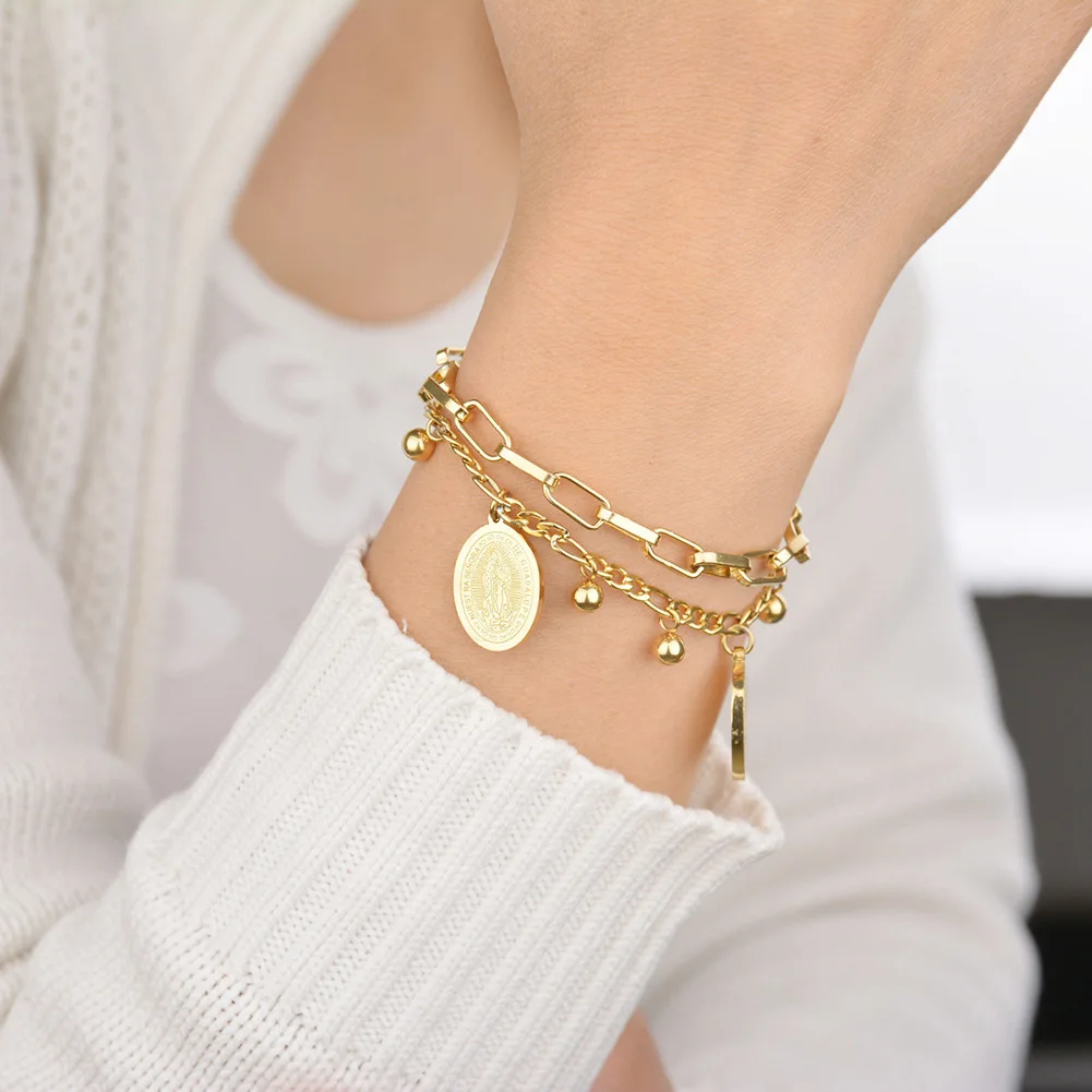 GD Fashion Double Virgin Mary Stainless Steel Bracelet for Women 18 K Gold Color Layered Heart Charms Bracelets Bangle Jewelry
GD Fashion Double Virgin Mary Stainless Steel Bracelet for Women 18 K Gold Color Layered Heart Charms Bracelets Bangle Jewelry