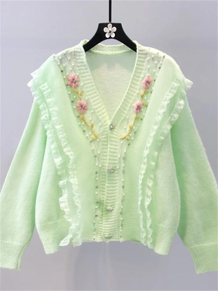 Hsa Ruffles Knitted Cardigan Women Sweater Korean Fashion Floral Embroidery V-Neck Lady Clothes Casual Sweet Fashion Coat 2022
Hsa Ruffles Knitted Cardigan Women Sweater Korean Fashion Floral Embroidery V-Neck Lady Clothes Casual Sweet Fashion Coat 2022