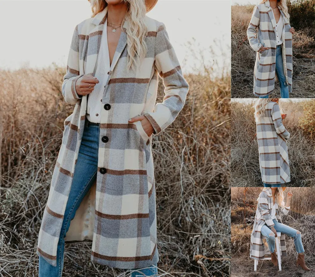 Женский Длинный фланелевый тренчкот в клетку, повседневный клетчатый тренчкот с отворотами и пуговицами
Женский Длинный фланелевый тренчкот в клетку, повседневный клетчатый тренчкот с отворотами и пуговицами