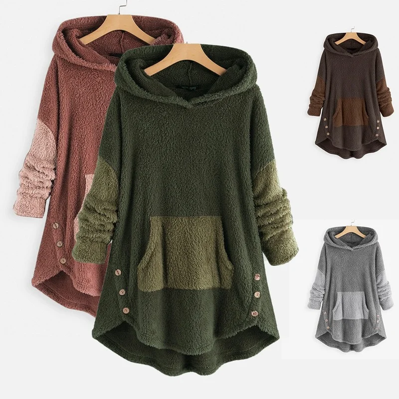 Women's Sweatshirt Ladies Tops Double Sided Fleece Hooded Pullover Clothes Button Splicing Long Sleeves Pocket Winter Tenafeicc
Women's Sweatshirt Ladies Tops Double Sided Fleece Hooded Pullover Clothes Button Splicing Long Sleeves Pocket Winter Tenafeicc