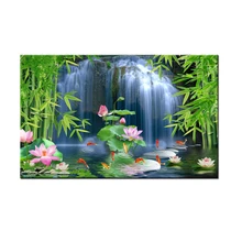 Feng Shui Bamboo Koi Fish painting Waterfall Landscape Flowers Canvas Print HD Picture Wall Art Living Room Home Decor HYS2006