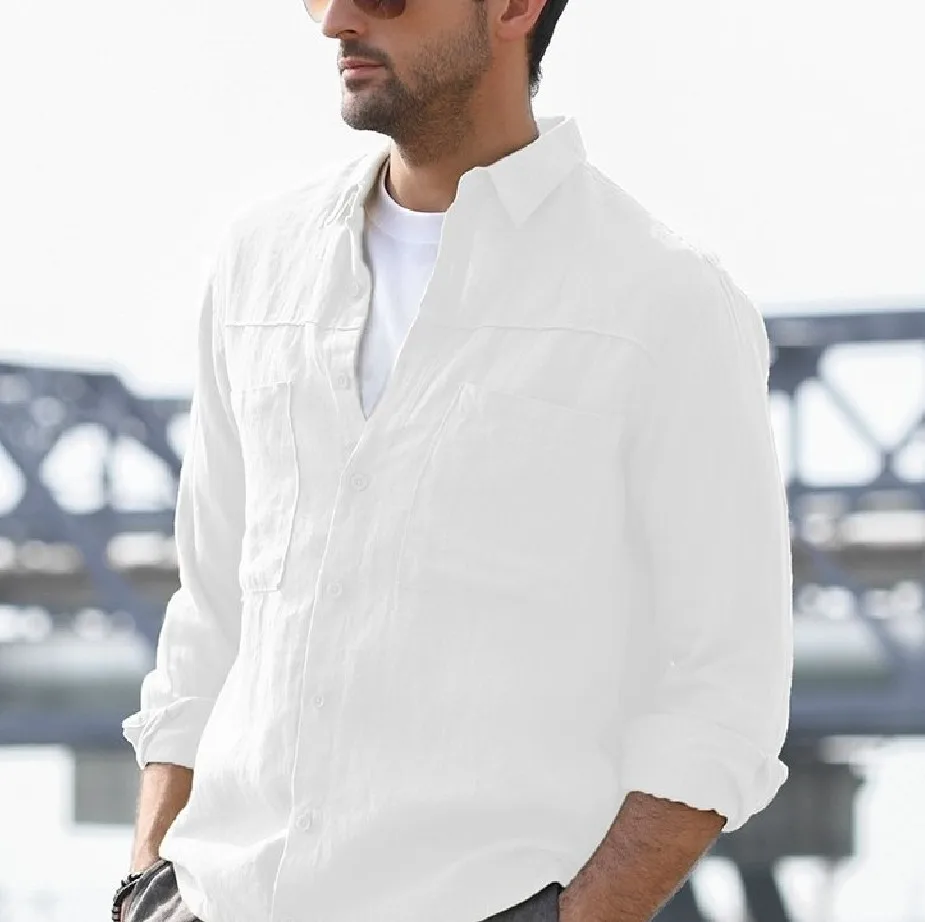 2022 Men's Loose Streetwear Solid Color Linen Shirt Jacket Men's Top Autumn Double Pocket Simple Long-sleeved Casual Lapel Shirt
2022 Men's Loose Streetwear Solid Color Linen Shirt Jacket Men's Top Autumn Double Pocket Simple Long-sleeved Casual Lapel Shirt