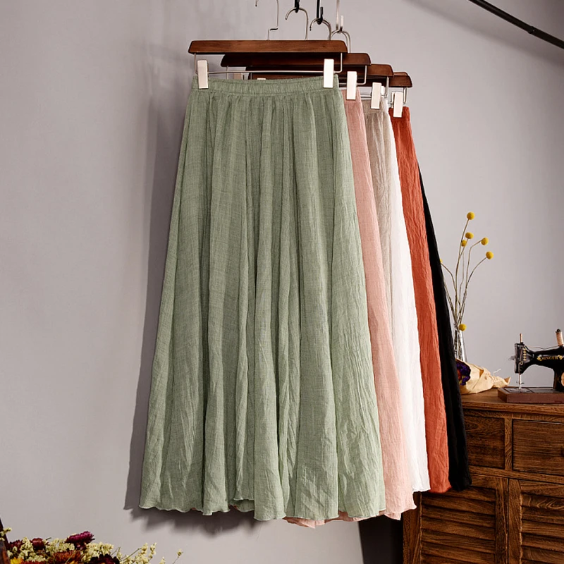 

Женская Весенняя юбка из натурального хлопка и льна, плиссированная однотонная пляжная юбка в стиле мори с эластичным поясом, винтажная