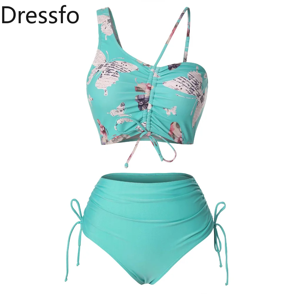 

Dressfo Asymmetrical Butterfly Print Cinched Tie Bikini Set Swimwear High Waist Bandage Women Bathing Swimsuits Beachwear 2023