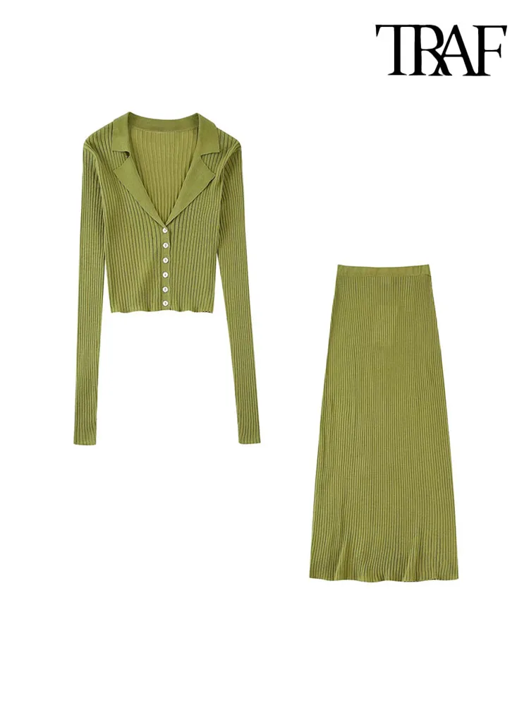 TRAF Women Fashion Cropped Ribbed Knit Cardigan Sweater Vintage High Elastic Waist Midi Skirts Female Two Piece Sets Mujer
TRAF Women Fashion Cropped Ribbed Knit Cardigan Sweater Vintage High Elastic Waist Midi Skirts Female Two Piece Sets Mujer