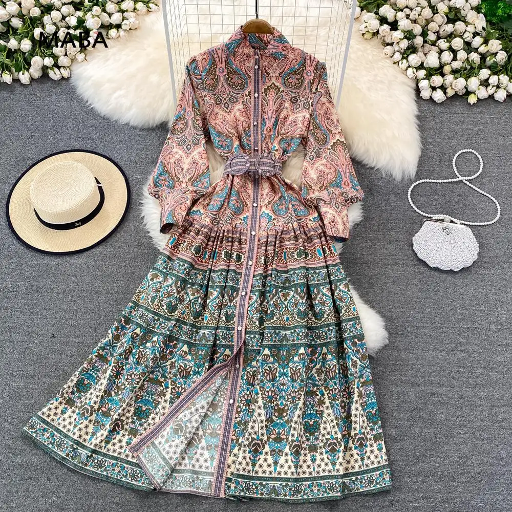 Fashion Designer Single Breasted Dress Women Stand Collar Long Sleeve Sashes Vintage Floral Print Luxury Runway Maxi Dresses
Fashion Designer Single Breasted Dress Women Stand Collar Long Sleeve Sashes Vintage Floral Print Luxury Runway Maxi Dresses