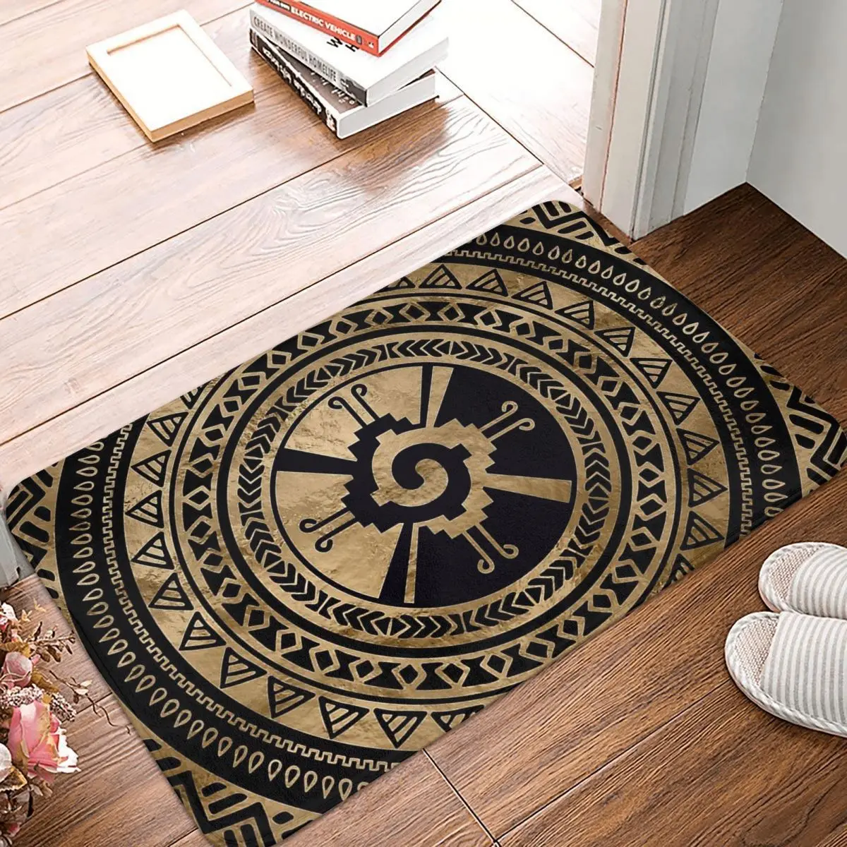 

Mayan Aztec Calendar Kitchen Non-Slip Carpet Hunab Ku Symbol Black Gold Bedroom Mat Entrance Door Doormat Floor Decor Rug