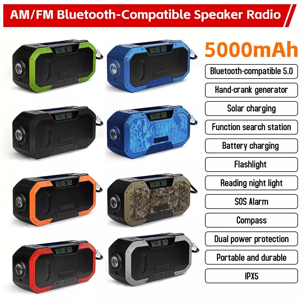 2023 5000mAh Outdoor Emergency Radio Bluetooth Speaker Portable Solar Radio Hand Crank Radio AM/FM Receiver SOS Alarm LED
2023 5000mAh Outdoor Emergency Radio Bluetooth Speaker Portable Solar Radio Hand Crank Radio AM/FM Receiver SOS Alarm LED