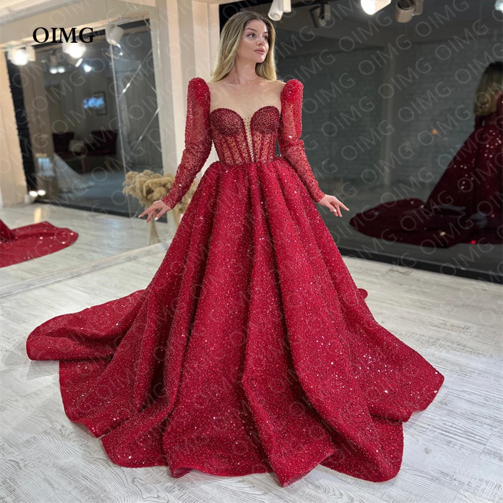

OIMG Modern Red Full Sleeves Long Prom Dresses Sweetheart Sparkly Sequins Dubai Arabic Formal Night Party Prom Gowns Vestidos
