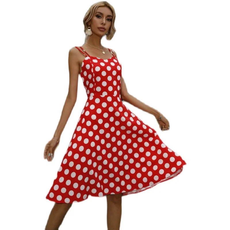 Women Summer Fashion Casual Retro Vintage Polka Dot Print Spaghetti Strap Knee Length A Line Dress Black/White/Red
Women Summer Fashion Casual Retro Vintage Polka Dot Print Spaghetti Strap Knee Length A Line Dress Black/White/Red