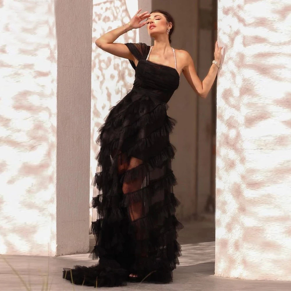 Черные многоярусные фатиновые вечерние платья с блестками, деловые платья на бретелях для выпускного вечера, свадебные платья 
Черные многоярусные фатиновые вечерние платья с блестками, деловые платья на бретелях для выпускного вечера, свадебные платья