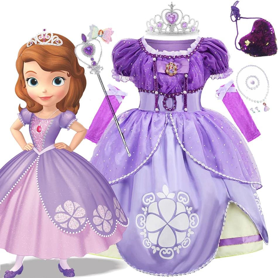 Sofia Dress Girl Disney Cartoon Role Play Costume Pearl Sequin Lace Print Purple Gown Halloween Party Classic Princess Outfits
Sofia Dress Girl Disney Cartoon Role Play Costume Pearl Sequin Lace Print Purple Gown Halloween Party Classic Princess Outfits