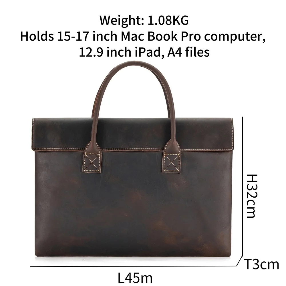 

Genuine Leather Vintage Men Slim Briefcase for Laptop A4 Magazine Folder Business Office Work Bag High Quality Handbag