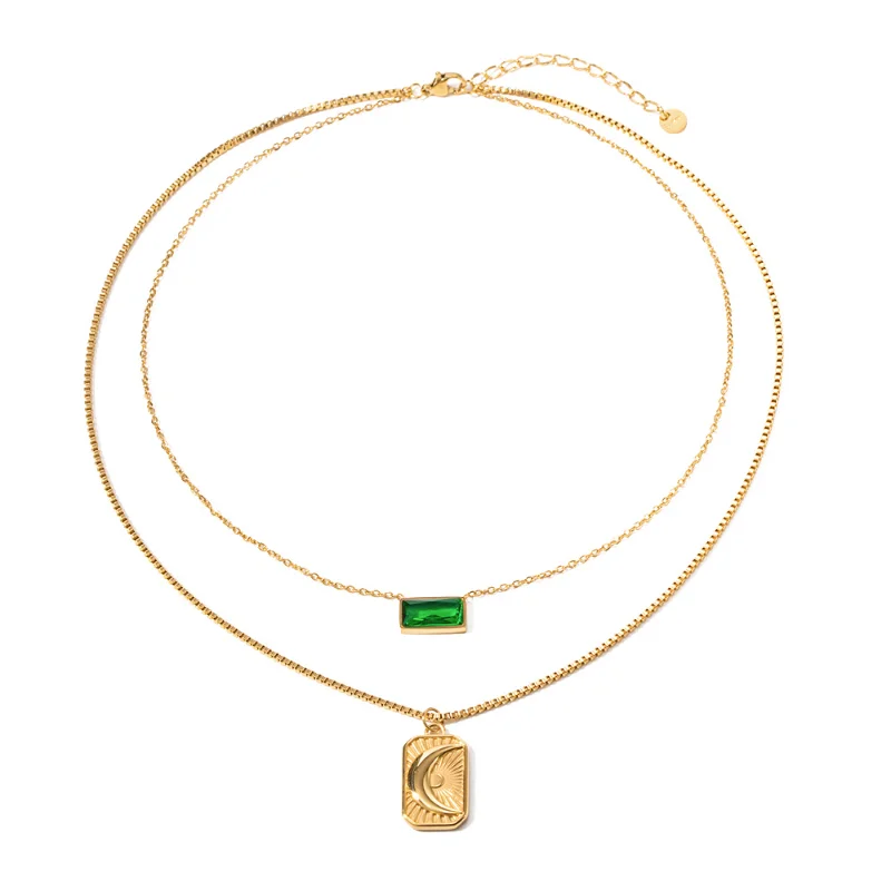 

ALLNEWME Chic Green CZ Zircon Sun Medallion Rectangle Coin Pendant Necklaces Women 18K Gold Titanium Steel Double Layered Choker