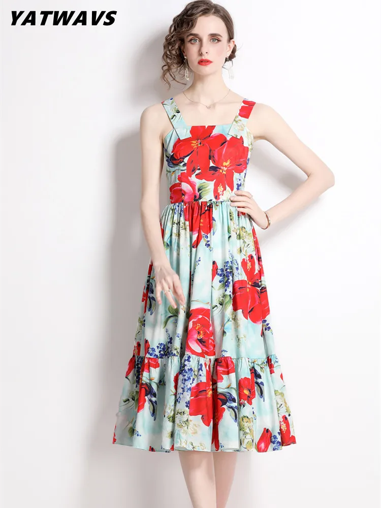 Fashion Spaghetti Strap Sexy Dresses Women Runway Summer Floral Print Elegant High Waist Vestidos Holiday Party Midi Dress
Fashion Spaghetti Strap Sexy Dresses Women Runway Summer Floral Print Elegant High Waist Vestidos Holiday Party Midi Dress