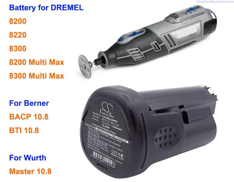 Cameron Sino 1500mAh Battery for DREMEL 8200 Multi Max, 8220 8300, For Berner BACP 10.8, BTI 10.8, For Wurth Master 10.8
Cameron Sino 1500mAh Battery for DREMEL 8200 Multi Max, 8220 8300, For Berner BACP 10.8, BTI 10.8, For Wurth Master 10.8