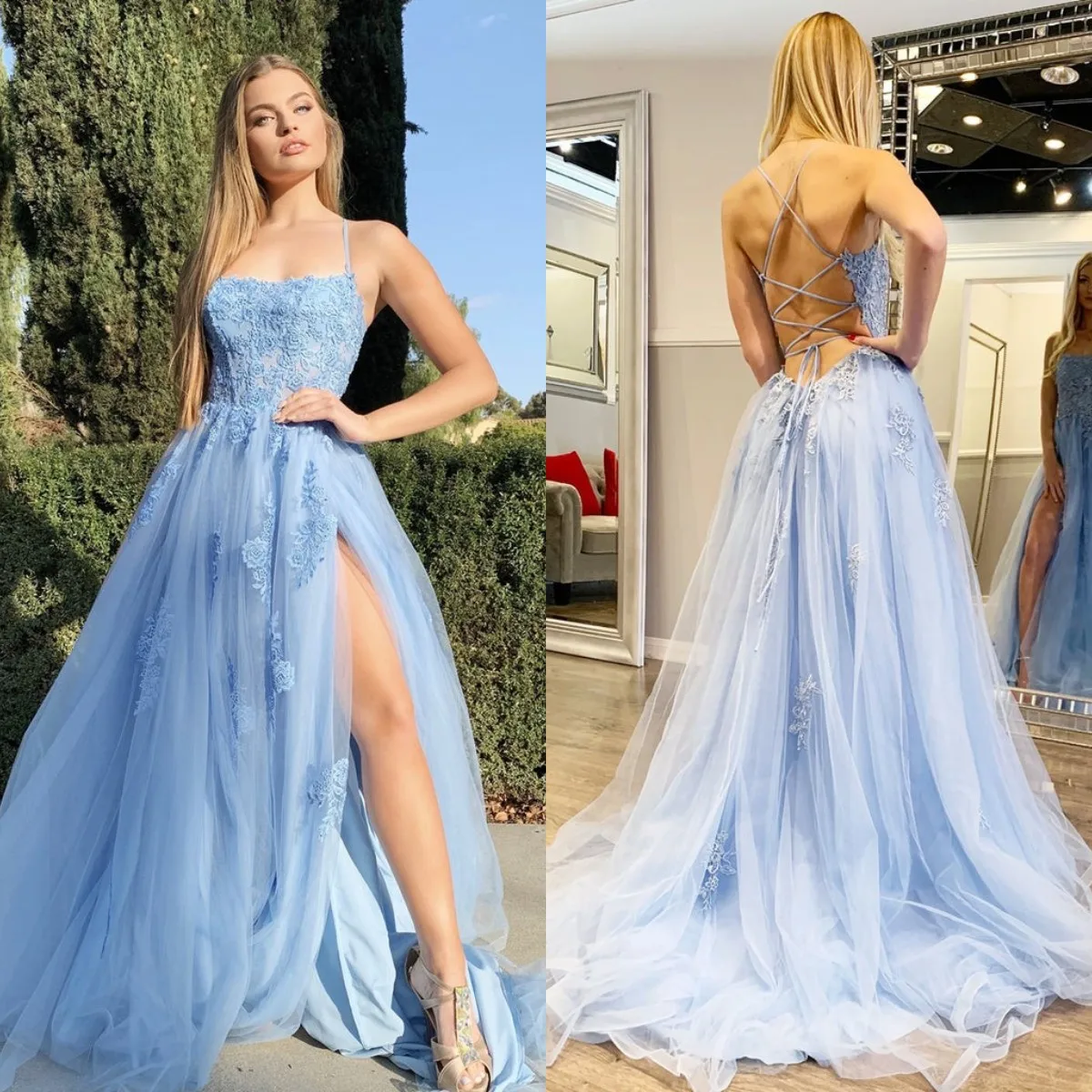 Sexy Sky Blue A Line Evening Dresses Charming Appliques Side Split Sleeveless Prom Dress Sexy Back Women Formal Robes De Soirée
Sexy Sky Blue A Line Evening Dresses Charming Appliques Side Split Sleeveless Prom Dress Sexy Back Women Formal Robes De Soirée