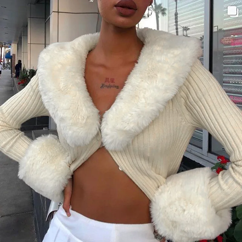 2022 New Knit Rib Cardigans Sweaters Women's Fur Trim Collar Long Sleeve Jumpers Autumn Winter Elegant Outwear
2022 New Knit Rib Cardigans Sweaters Women's Fur Trim Collar Long Sleeve Jumpers Autumn Winter Elegant Outwear