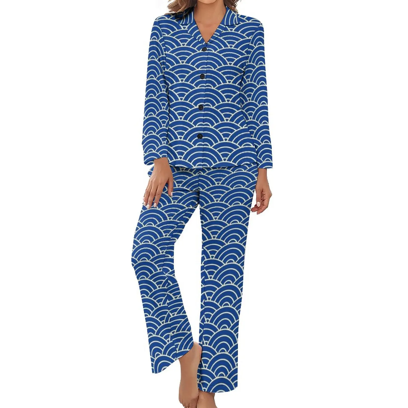 Blue Seigaiha Print Pajamas 2 Piece Japanese Waves Retro Pajama Sets Female Long Sleeve V Neck Casual Print Sleepwear
Blue Seigaiha Print Pajamas 2 Piece Japanese Waves Retro Pajama Sets Female Long Sleeve V Neck Casual Print Sleepwear