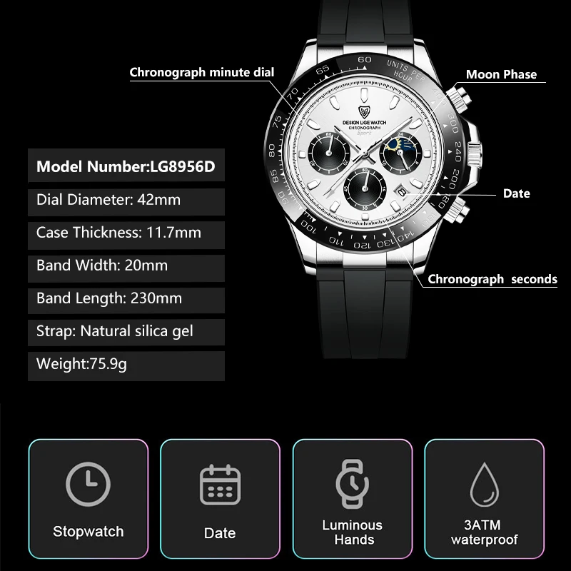 Часы наручные LIGE мужские с хронографом спортивные Модные Кварцевые Светящиеся