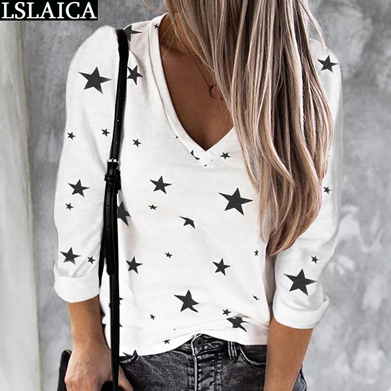 Casual T Shirt Women Autumn Spring Stars Print Long Sleeve V Neck Ladies Tops Streetwear S-3XL Womens Clothing Mulher Camisetas
Casual T Shirt Women Autumn Spring Stars Print Long Sleeve V Neck Ladies Tops Streetwear S-3XL Womens Clothing Mulher Camisetas