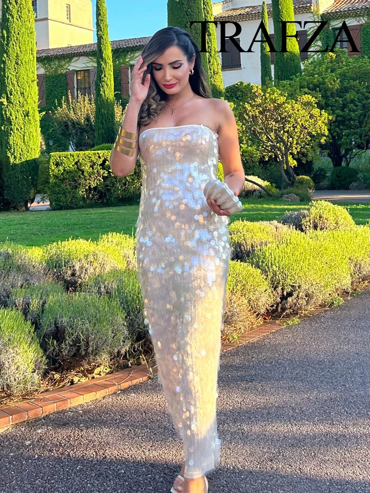 TRAFZA Sexy Sleeveless Backless Slim Long Dress Summer Elegant Pleated Backless Bright Sequins Dress Luxury Evening Dresses
TRAFZA Sexy Sleeveless Backless Slim Long Dress Summer Elegant Pleated Backless Bright Sequins Dress Luxury Evening Dresses