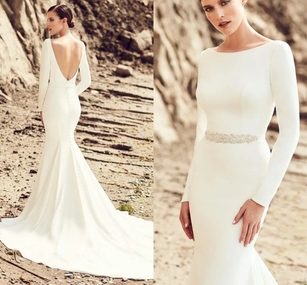 Elegant Mermaid Wedding Dresses Simple Satin Long Sleeves Crystals Sash Bridal Gowns Sexy Backless Vestidos De Noiva Mariage
Elegant Mermaid Wedding Dresses Simple Satin Long Sleeves Crystals Sash Bridal Gowns Sexy Backless Vestidos De Noiva Mariage