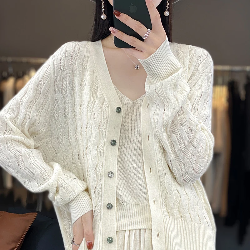 Women's Fine Imitation Wool Cardigan V-neck Hollow Out Sweater Spring/Summer Solid Color Loose Elegant Versatile Knit Thin Top
Women's Fine Imitation Wool Cardigan V-neck Hollow Out Sweater Spring/Summer Solid Color Loose Elegant Versatile Knit Thin Top