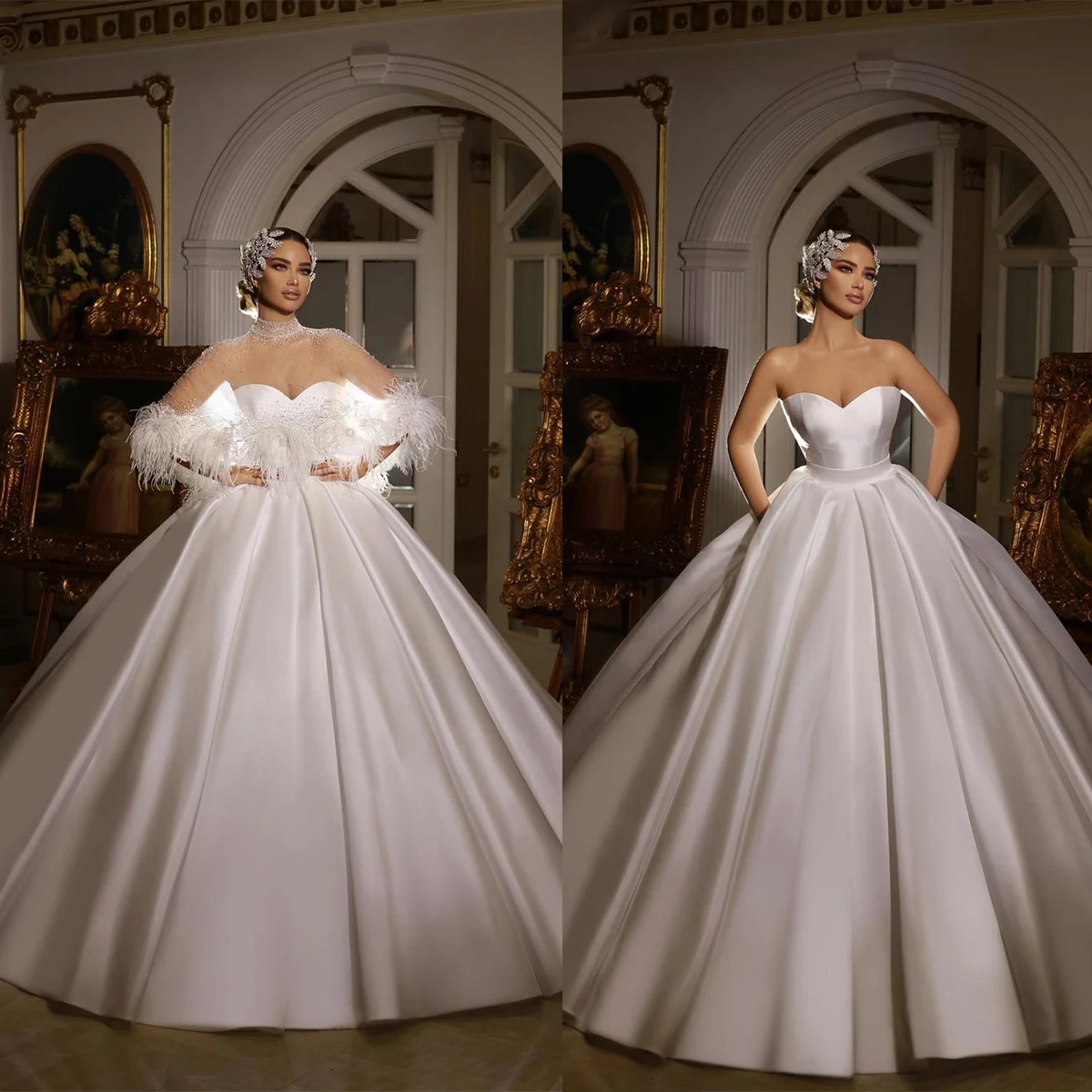 

Fancy Feathers Wedding Dresses Sheer Neck See Through Bridal Gowns Custom Made Crystals Beaded Vestido de novia