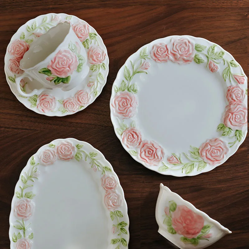 Ins Hot Retro Ceramic Tablewares Embossed Rose Pattern Mug and Plate Set Bowls Pots and Cups Lovely Girl's Gift
Ins Hot Retro Ceramic Tablewares Embossed Rose Pattern Mug and Plate Set Bowls Pots and Cups Lovely Girl's Gift