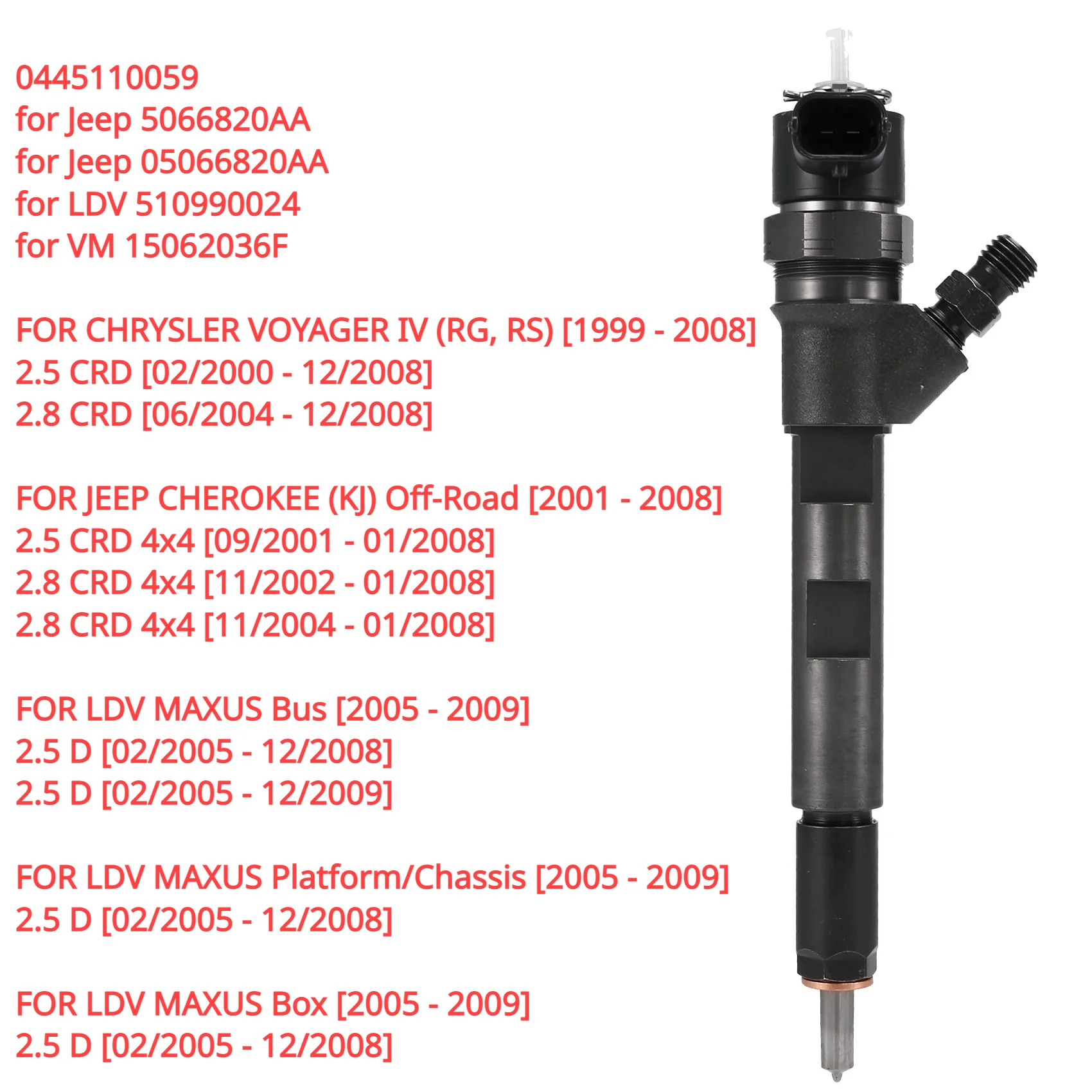 0445110059 форсунка дизельного топлива 05066820AA для Jeep Cherokee (KJ) MK2 2,8 CRD 2001-2008 
0445110059 форсунка дизельного топлива 05066820AA для Jeep Cherokee (KJ) MK2 2,8 CRD 2001-2008