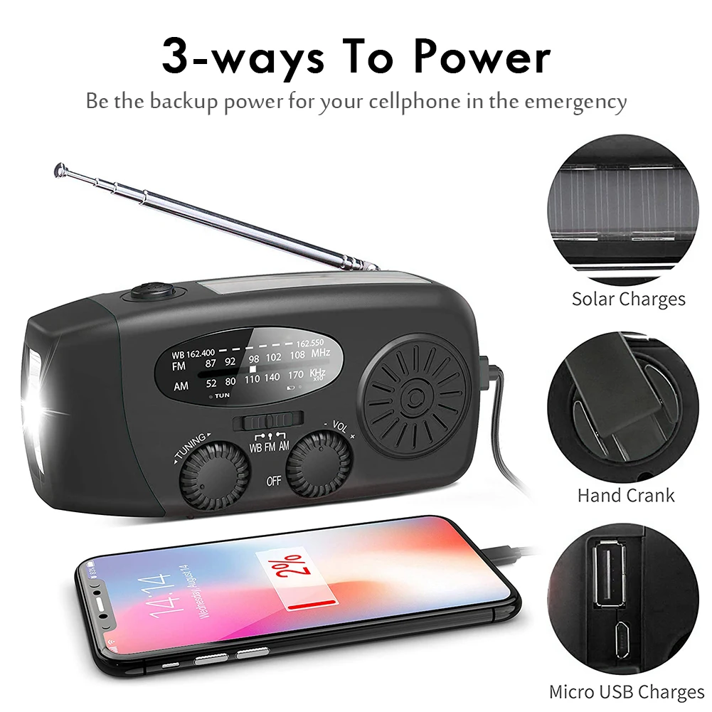 1200mAh Multifunctional Solar Radio Hand Crank USB Charging FM AM Weather Radio with LED Flashlight Torch Emergency Power Bank
1200mAh Multifunctional Solar Radio Hand Crank USB Charging FM AM Weather Radio with LED Flashlight Torch Emergency Power Bank