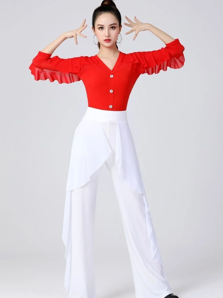 

Color Ballet Ballroom Wear Solid Festival Tops Women Carnival Costumes Classical Dance Practice Button Modern Pole Ruffle Shirt