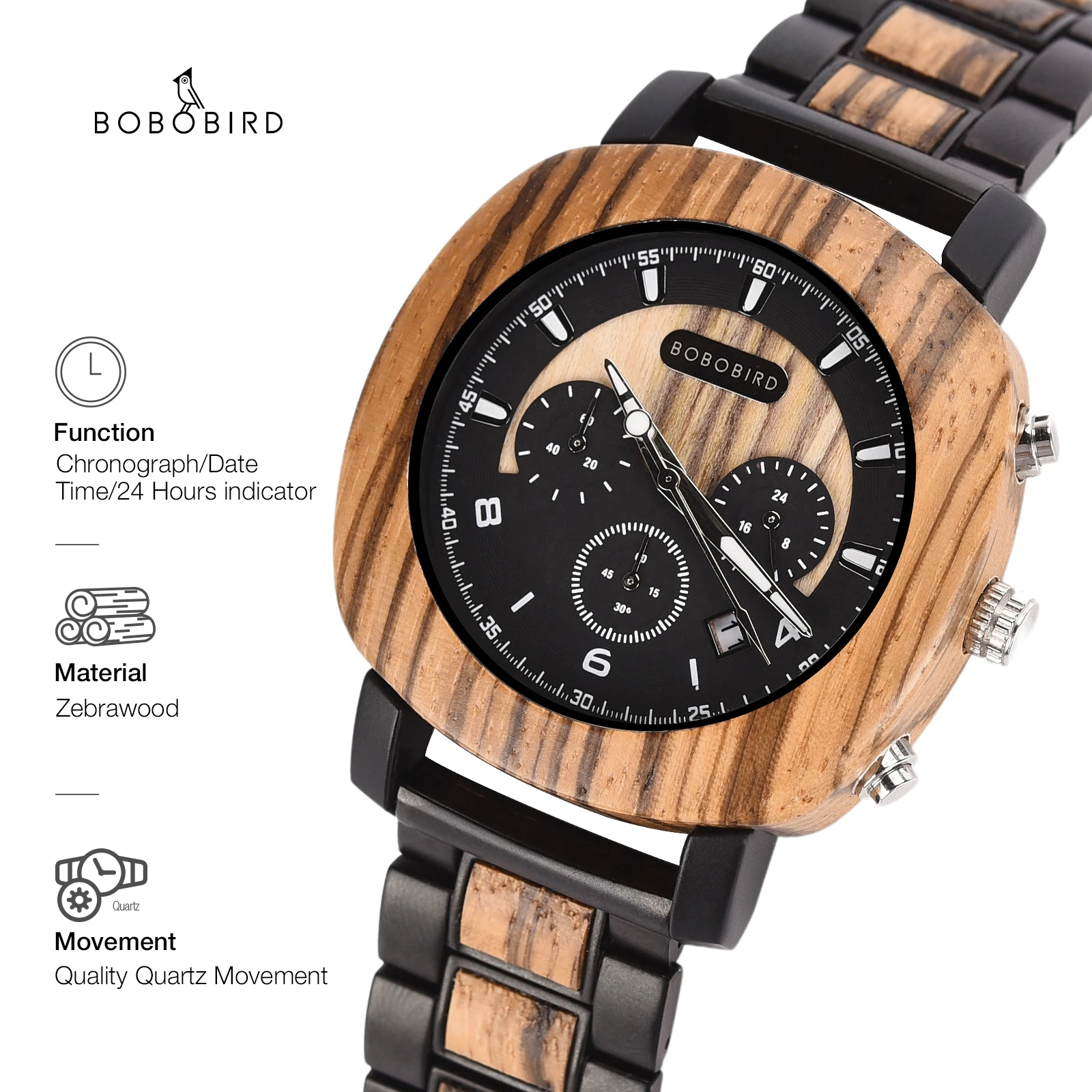 

BOBO BIRD Wooden Watch Men Custom Wood Timepieces Chronograph Quartz Wristwatches Military Luxury Reloj De Cuarzo With Gift Box