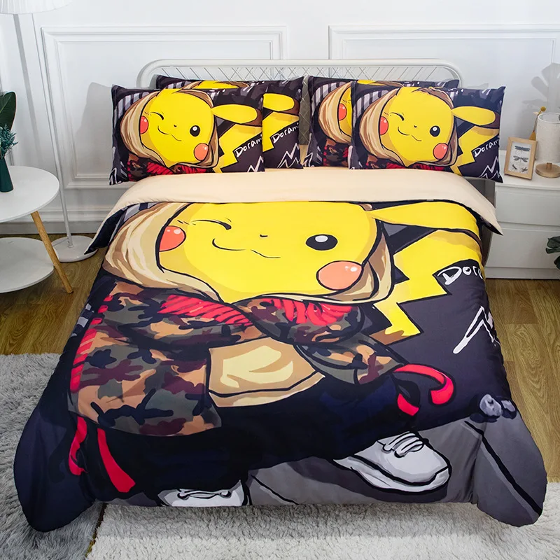 

Three-piece Set of Cartoon Anime Pokémon Pikachu 3D Digital Printing American Pillow Quilt Three-piece Set Home Bedding