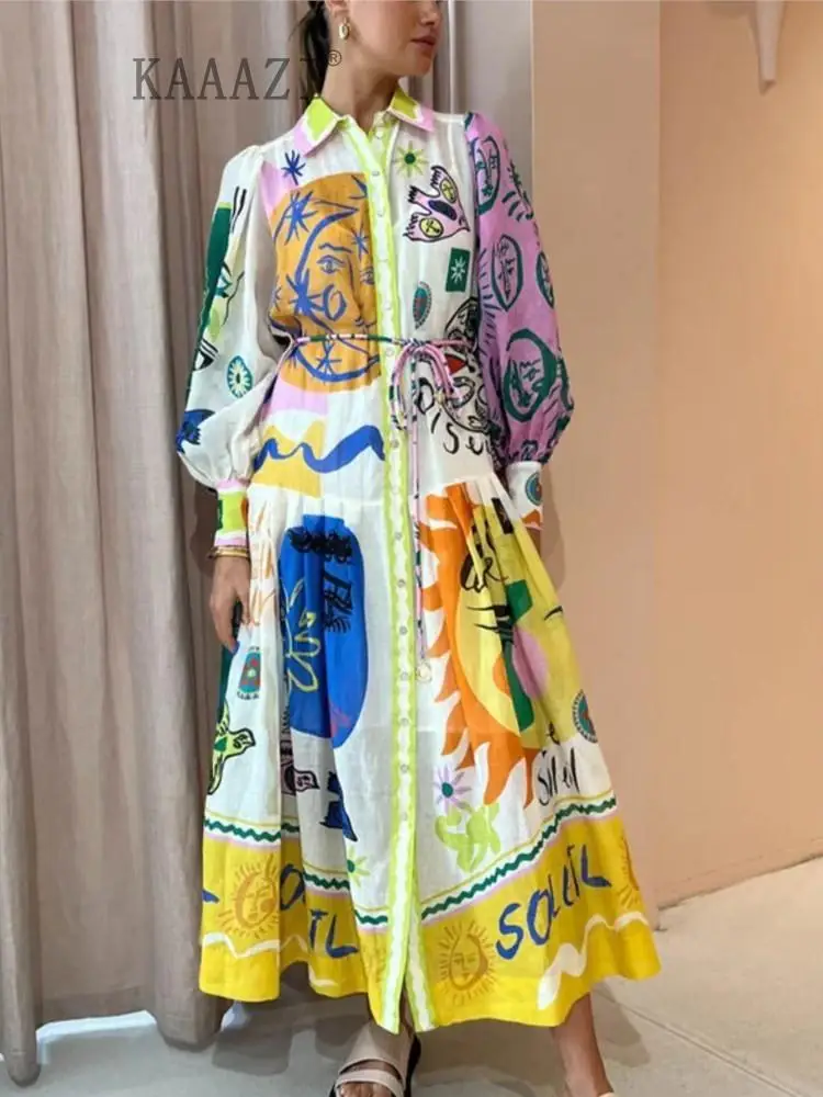 Women Elegant Robe Polo Neck Printed Vintage Graphic Long Dress Big Hem Loose Long Sleeves Maxi Dress Vestidos Casual Fashion
Women Elegant Robe Polo Neck Printed Vintage Graphic Long Dress Big Hem Loose Long Sleeves Maxi Dress Vestidos Casual Fashion