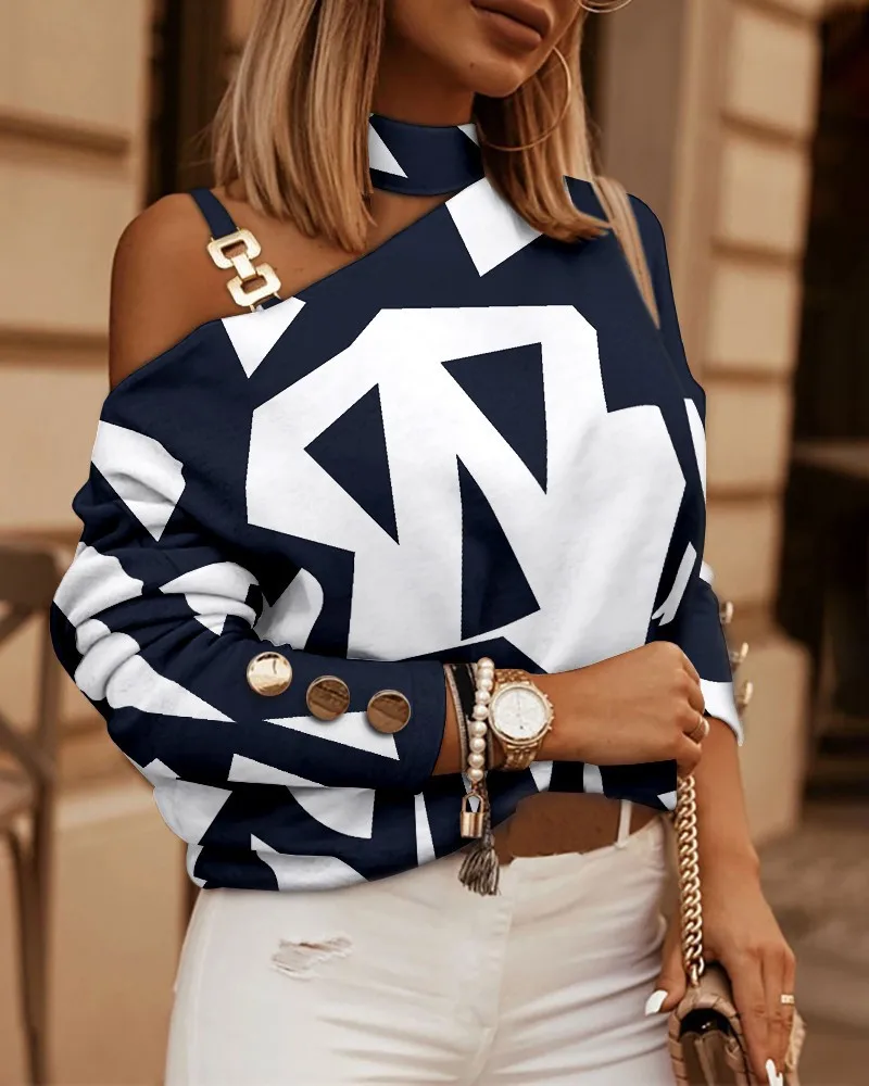 Elegant Women's Sexy Loose Blouse 2023 Spring Open-shoulder Hollowed-out Chain Hanging Neck Printed Button Fashion Female Tops
Elegant Women's Sexy Loose Blouse 2023 Spring Open-shoulder Hollowed-out Chain Hanging Neck Printed Button Fashion Female Tops