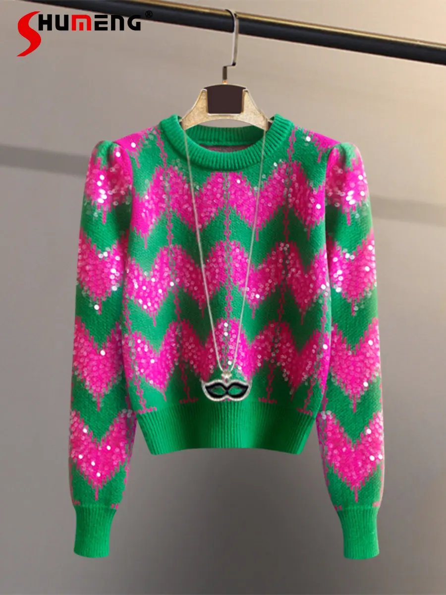 Женский трикотажный пуловер с блестками, элегантный толстый свитер контрастных цветов с круглым вырезом в стиле ретро, весна 2023
Женский трикотажный пуловер с блестками, элегантный толстый свитер контрастных цветов с круглым вырезом в стиле ретро, весна 2023