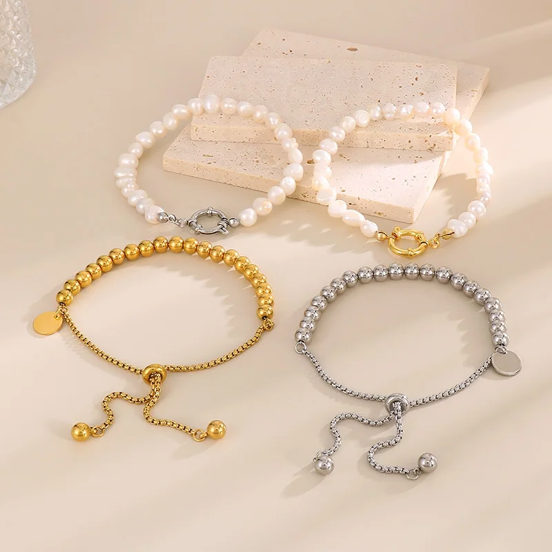 

Elegant Imitation Pearl Chain Bracelet For Women Gold Silver Color Stainless Steel Charm Beaded Bangles Couple Hand Jewelry