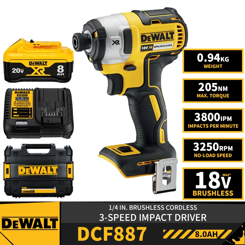DEWALT DCF887 1/4in Brushless Cordless 3-Speed Impact Driver 18V Lithium Tools Electric Screwdriver Drill With Battery Charger
DEWALT DCF887 1/4in Brushless Cordless 3-Speed Impact Driver 18V Lithium Tools Electric Screwdriver Drill With Battery Charger